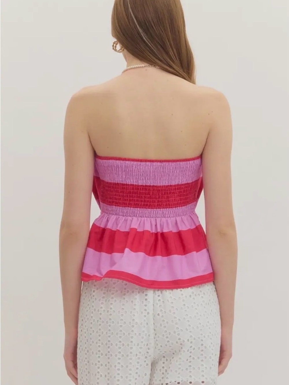 Strapless Peplum Top in Pink and Red Stripes - Picture 3 of 3